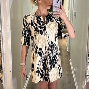 T Tahari yellow/black multi colorful patterned jacket dress w front hook & eyes